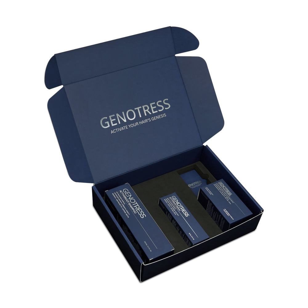 The Genotress ActiveRoot 3-Step Clinical Hair Growth Protocol. A premium hair density system featuring the DHT-blocking Cream Shampoo, Micro-Fluidic scalp Serum, and fortifying Hair Supplements, displayed in signature matte midnight blue packaging with silver typography