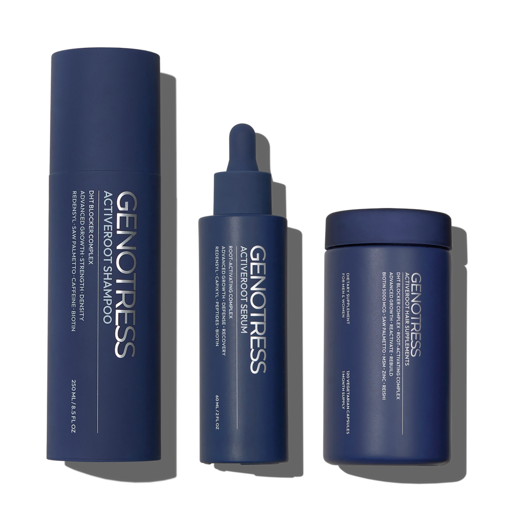 The Genotress ActiveRoot 3-Step Clinical Hair Growth Protocol. A premium hair density system featuring the DHT-blocking Cream Shampoo, Micro-Fluidic scalp Serum, and fortifying Hair Supplements, displayed in signature matte midnight blue packaging with silver typography