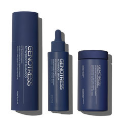 The Genotress ActiveRoot 3-Step Clinical Hair Growth Protocol. A premium hair density system featuring the DHT-blocking Cream Shampoo, Micro-Fluidic scalp Serum, and fortifying Hair Supplements, displayed in signature matte midnight blue packaging with silver typography