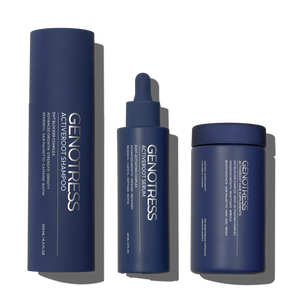 The Genotress ActiveRoot 3-Step Clinical Hair Growth Protocol. A premium hair density system featuring the DHT-blocking Cream Shampoo, Micro-Fluidic scalp Serum, and fortifying Hair Supplements, displayed in signature matte midnight blue packaging with silver typography