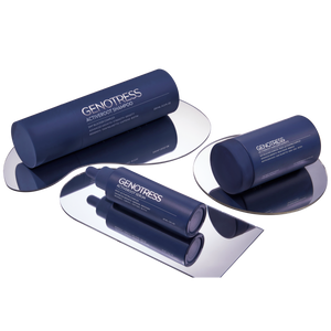 The Genotress ActiveRoot 3-Step Hair Density Protocol displayed on luxury mirror pedestals. This advanced botanical biotech system targets visible hair thinning through topical and internal support