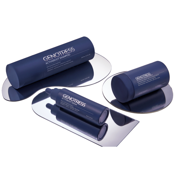 The Genotress ActiveRoot 3-Step Hair Density Protocol displayed on luxury mirror pedestals. This advanced botanical biotech system targets visible hair thinning through topical and internal support